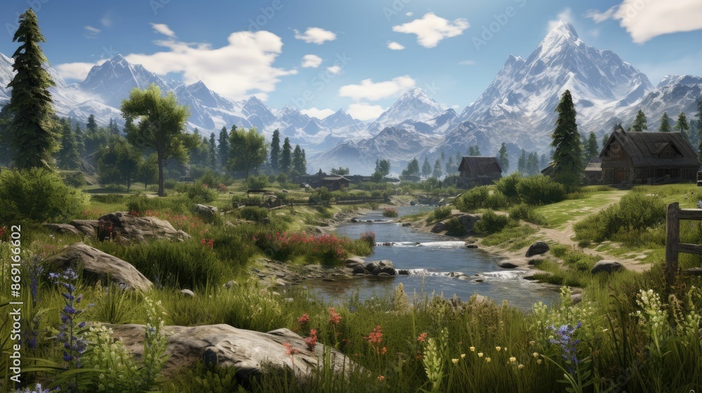 Poster a beautiful landscape with a river running through it. there are mountains in the background and a s