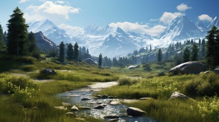 The image is of a beautiful mountain landscape. The sky is blue and the sun is shining. The mountains are covered in snow.