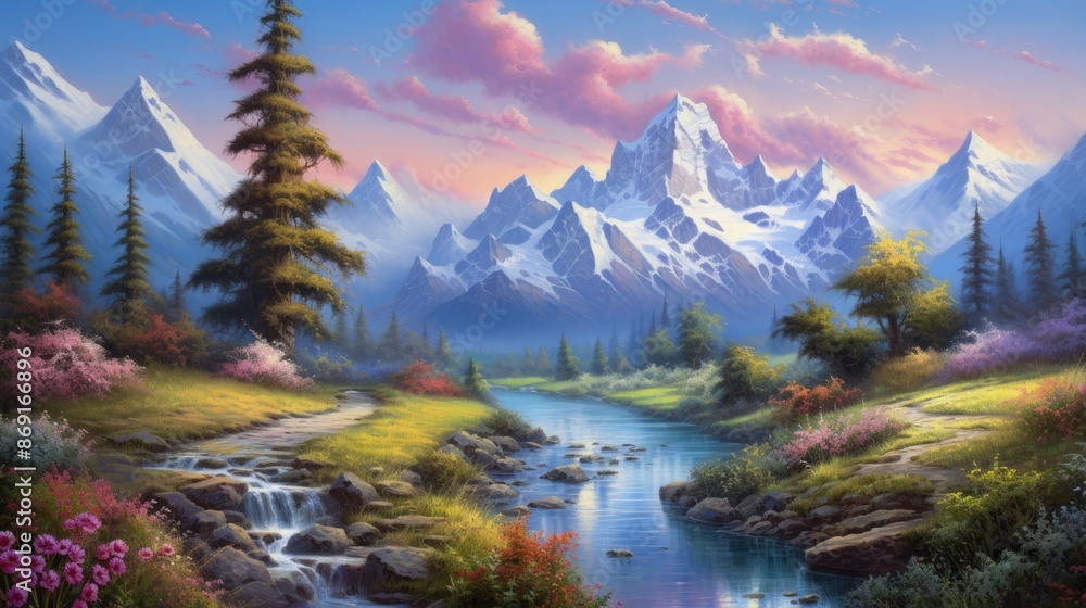 Poster the image is of a beautiful landscape with a mountain range in the distance. the foreground is a lus