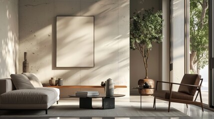Minimalist living room with large window, beige sofa, coffee table, armchair, and a blank canvas on the wall.  Sunlight streams in, casting shadows.