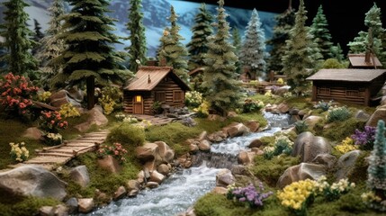 Small wooden cabin in the middle of a pine forest. A river flows next to the house. The trees are tall and green.