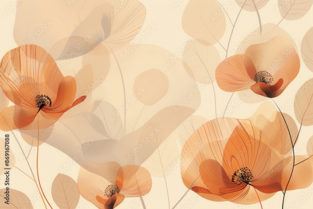 Poster A minimalist digital illustration featuring geometric floral patterns in soft peach tones, ideal for modern interior design and architecture. Generative AI