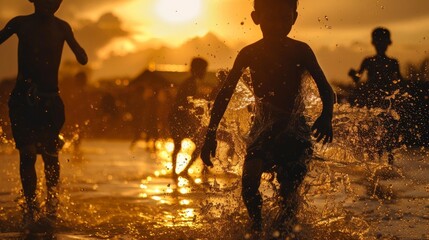 Fototapeta premium Silhouettes of children playing in water at sunset. Golden light illuminates the scene. Joyful and carefree moment captured in this stock photo.