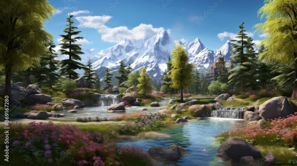 Poster a beautiful landscape with a snow-capped mountain in the distance. there is a river in the foregroun