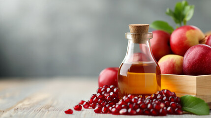 Rosh Hashanah celebration setup with apples, pomegranate seeds, and a jar of honey on a wooden surface.