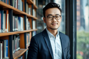Fototapeta premium Portrait of a handsome Asian businessman in a suit and glasses standing at a window, with a bookcase background, copy space concept for stock photo use for a business portrait or expert looking to the