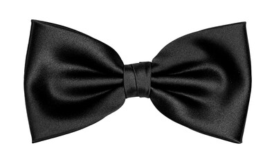 Top view elegant black satin bow tie, isolated cutout on transparent background.