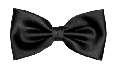 Top view elegant black satin bow tie, isolated cutout on transparent background.