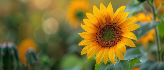 Fototapeta premium Vibrant Sunflower Blooming Near Cactus - Texture Contrast in Nature