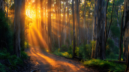 Fototapeta premium Serene footpath winding through a dense eucalyptus forest, with golden sunset sunbeams filtering through the tall trees, casting a warm and magical glow on the path. 