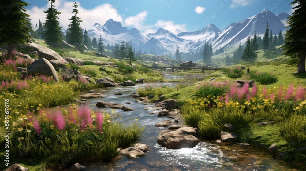Poster the image is of a beautiful mountain landscape with a river running through it.