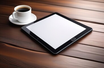 tablet and cup of coffee on wooden table
