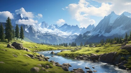 Obraz premium The image is of a beautiful mountain landscape. The sky is blue and clear, and the sun is shining brightly.