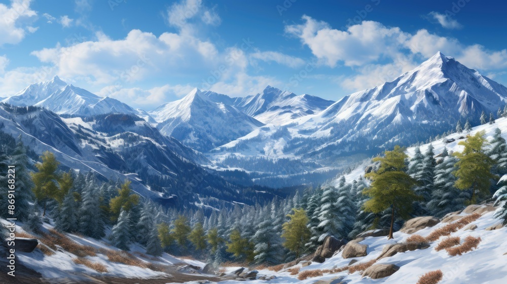 Poster the image is of snow-capped mountains in the distance with a valley and trees in the foreground. the