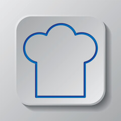 Chef hat, kitchen simple icon. Flat design. Paper cut design. Cutted blue symbol with shadow. Gray badge button, gray background