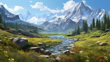 Fototapeta premium The image is of a beautiful mountain landscape. The mountains are covered in snow. The valley is green and lush. A river runs through the valley.