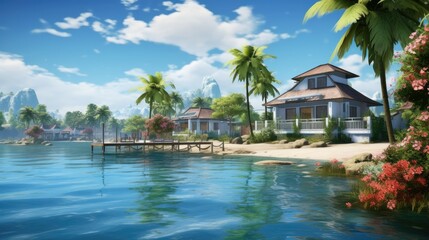 Fototapeta premium Amazing view of a tropical beach with palm trees, white sand and blue water. There is a house on the beach and a dock in the water.