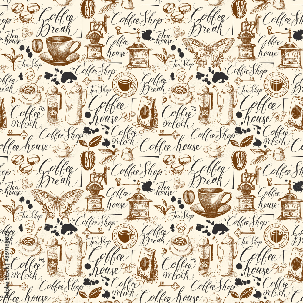Poster vector seamless pattern on tea and coffee label theme with sketches, blots and inscriptions in retro