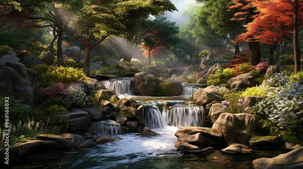 Poster the image is a beautiful landscape of a forest with a waterfall. the waterfall is in the middle of t