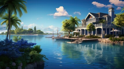Obraz premium This is a beautiful house with a blue exterior and white trim. It is located on a body of water with palm trees and a dock.