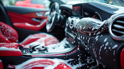 Car interior cleaning with shampoo and foam on the upholstery - detailed detailing and regular maintenance.