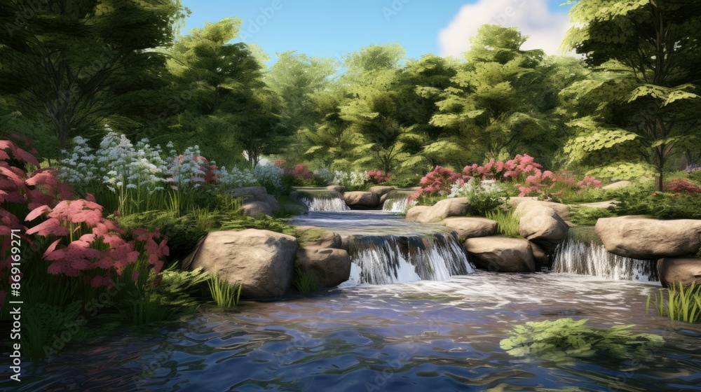 Poster the image is of a beautiful landscape with a river running through it. the river is surrounded by gr