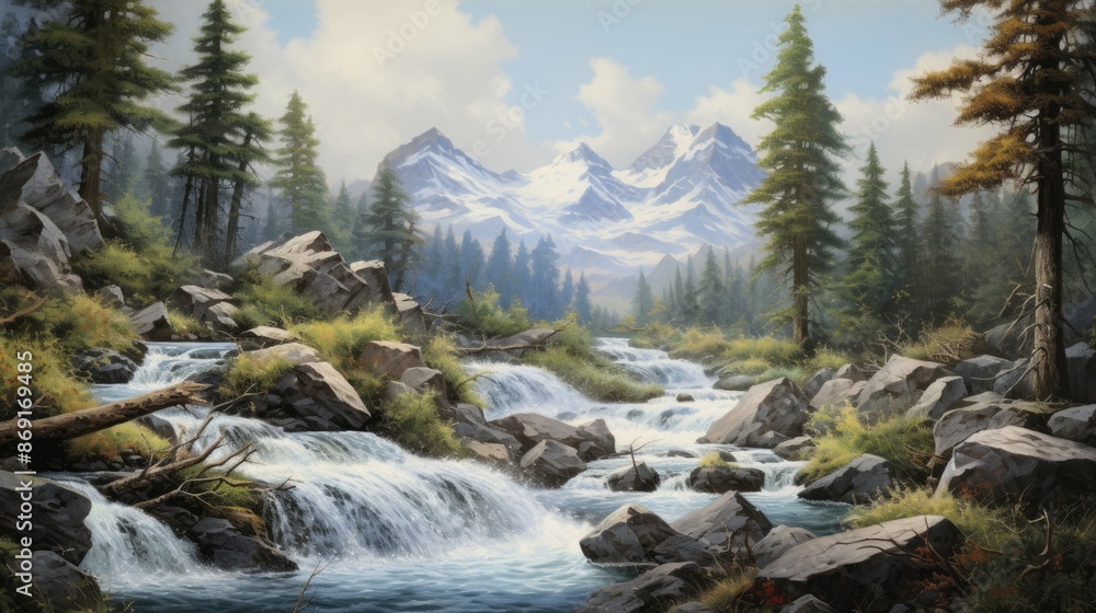 Poster the image is of a beautiful landscape with a mountain stream in the foreground and snow-capped mount