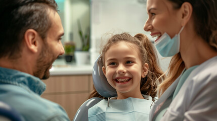 Obraz premium A family smiles as they leave the dentist's office after a successful sealant treatment for their child's teeth.