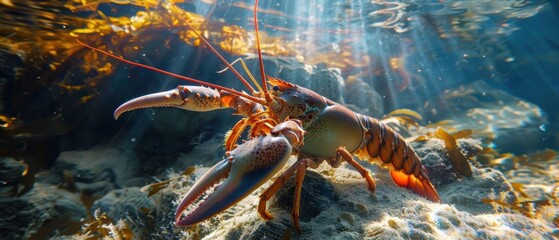 Underwater Serenity: American Lobster in Natural Habitat with Sunlight Filtering Through Water