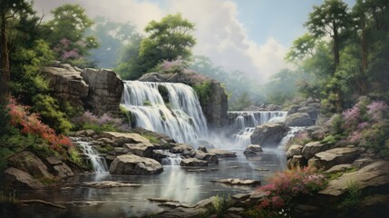 Naklejka premium The image is of a beautiful waterfall in a forest. The water is crystal clear and the rocks are covered in moss.