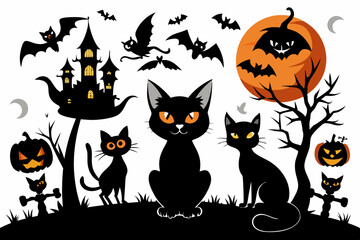 Halloween cat silhouette vector set,  white background
