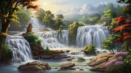 Obraz premium A beautiful landscape of a waterfall in a jungle. The waterfall is surrounded by lush green trees and plants, with pink flowers in the foreground.