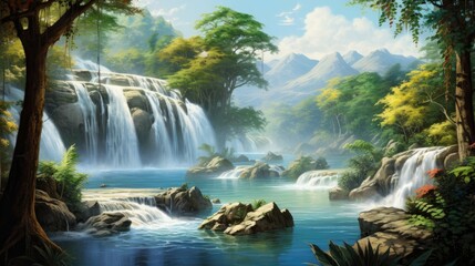 A beautiful landscape of a waterfall in the jungle. The water is crystal clear and the sun is shining through the trees.