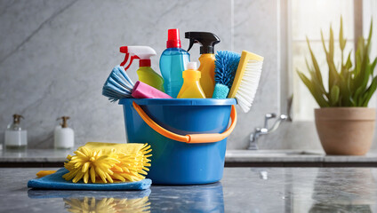 A cleaning caddy filled with various cleaning supplies, including spray bottles, brushes, and cloths, set on a marble countertop in a brightly lit kitchen.