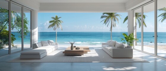 Serene Beachfront Minimalist Living Room with Ocean View | Contemporary Sleek Design with White Walls | 3D Rendered 8K Quality