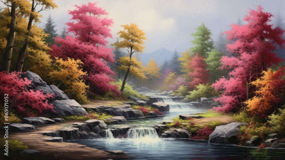 Poster the image is of a beautiful landscape with a river running through it. the trees are in full bloom a