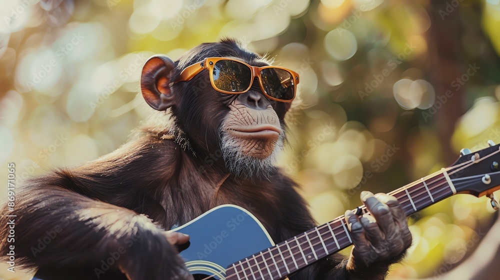 Canvas Prints A chimpanzee wearing sunglasses plays a guitar.