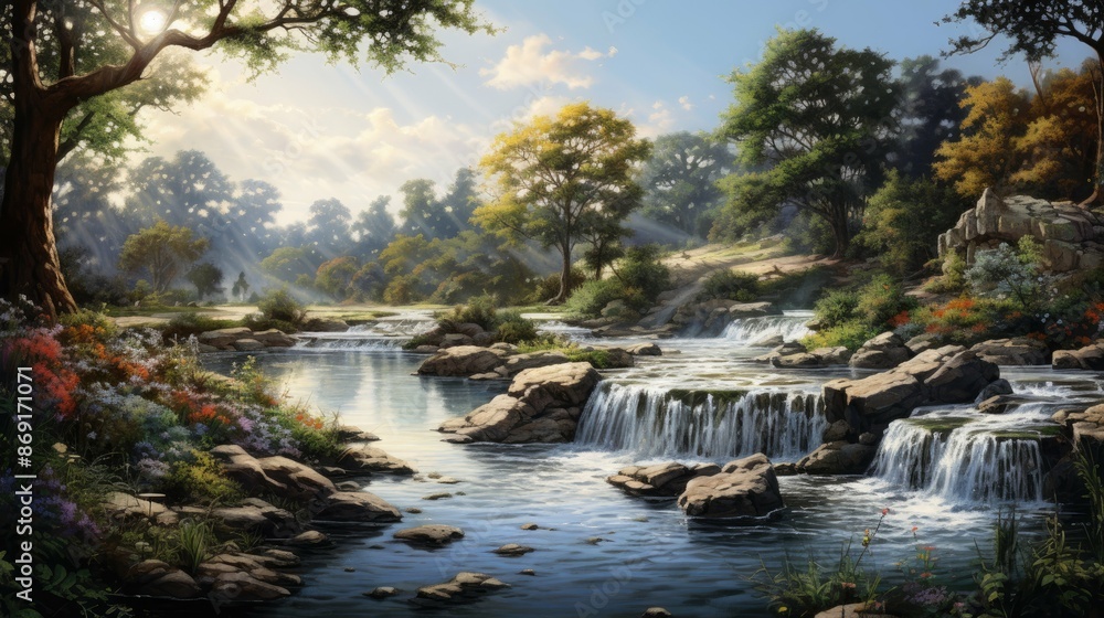 Poster the sun shines through the forest canopy, creating a dappled pattern on the surface of the river.