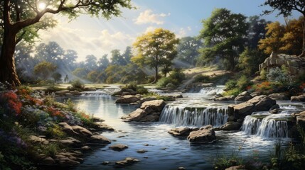 The sun shines through the forest canopy, creating a dappled pattern on the surface of the river.