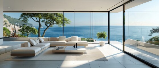 Fototapeta premium Contemporary Beachfront Living Room with Expansive Windows and Sleek Furniture in Sharpness Minimalist Interior Design Concept