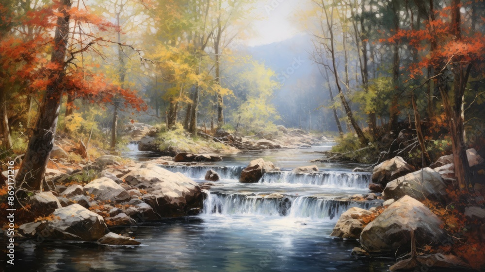 Poster the painting is of a beautiful landscape with a river running through it. the trees are in full bloo