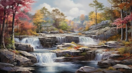 Obraz premium The image is of a beautiful waterfall in the Smoky Mountains. The water is crystal clear and the rocks are a deep, rich brown.
