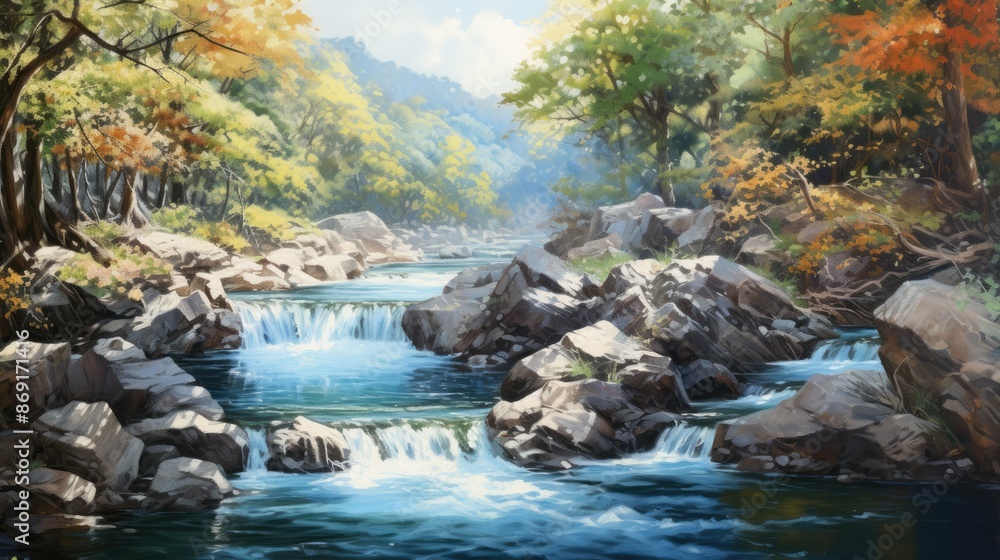 Poster the image is of a beautiful landscape with a river running through it.