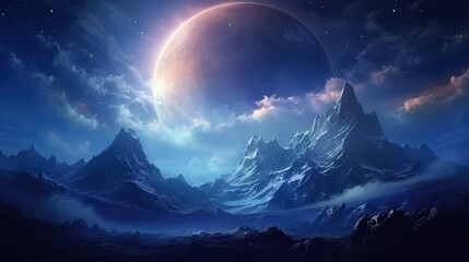 A beautiful landscape of a mountain range with a large moon in the background. The mountains are covered in snow.