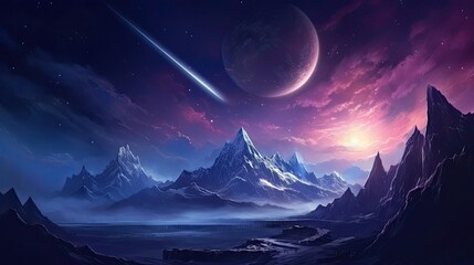 A beautiful landscape of a mountain range with a starry night sky and a comet in the distance. The mountains are covered in snow.