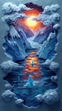 Alaska Glacier and Icebergs at Sunrise Sunset Paper Cut Phone Wallpaper Background Illustration