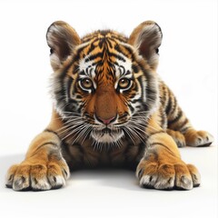 Fototapeta premium Close-up of a cute, young tiger cub lying down on a white background, displaying its beautiful stripes and curious expression.