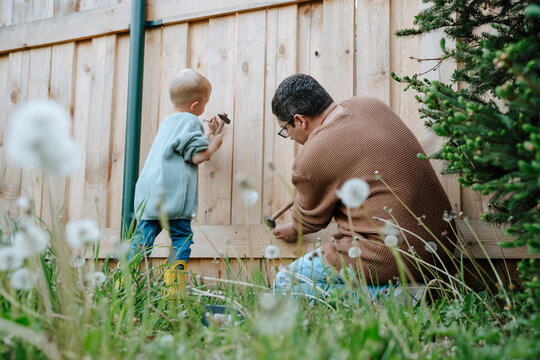Father and son working together and repairing fence at backyard