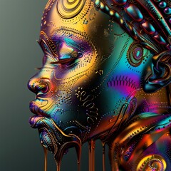 portrait of a surreal african woman made of multicolored liquid metal