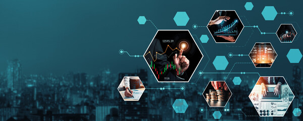 Futuristic business digital financial data technology concept for future big data analytic and business intelligence research for businessman analyst invest decisions making panoramic banner kudos